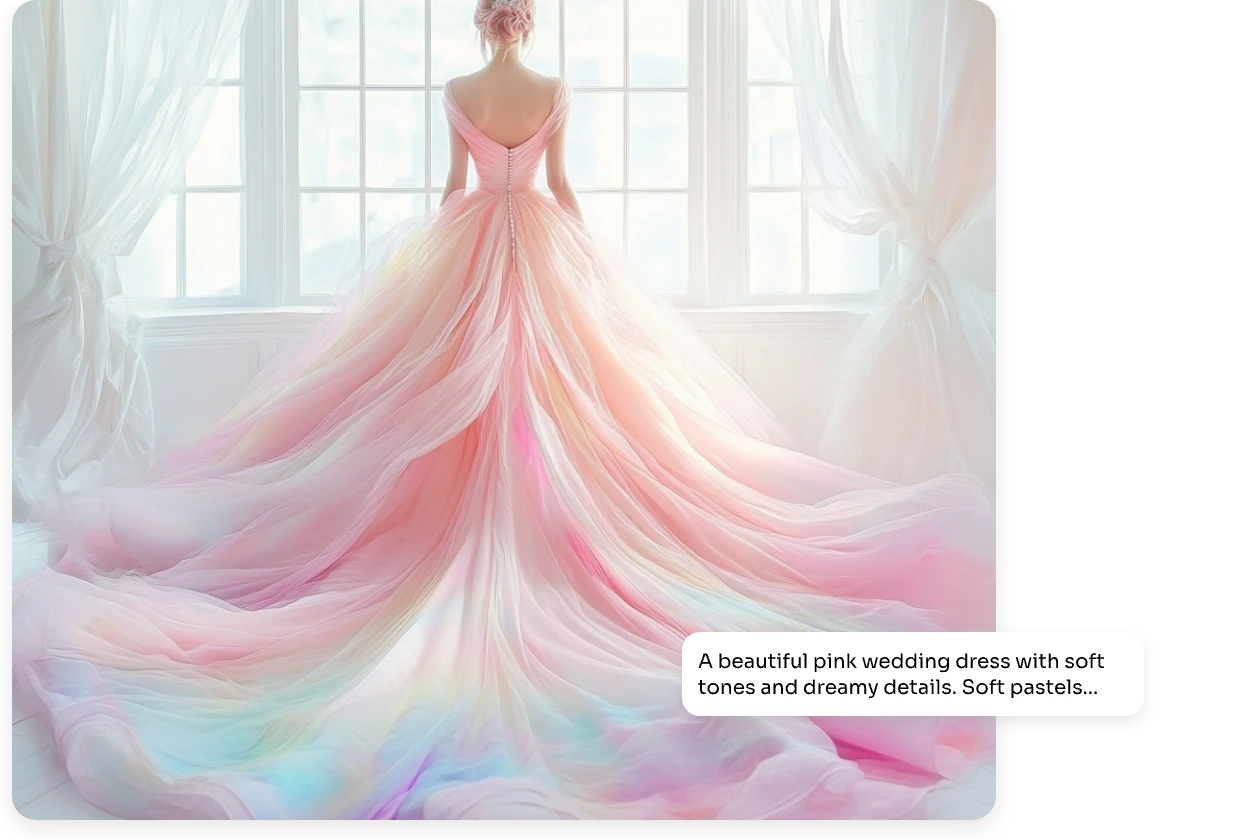 enter text prompts to generate a pink wedding dress with ai in seconds