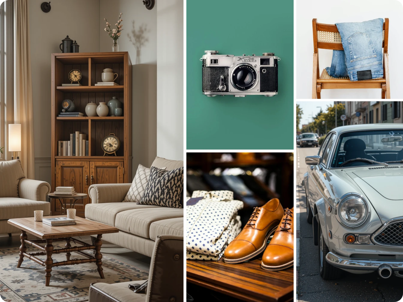 four ai generated product designs of interior design shoes camera and car