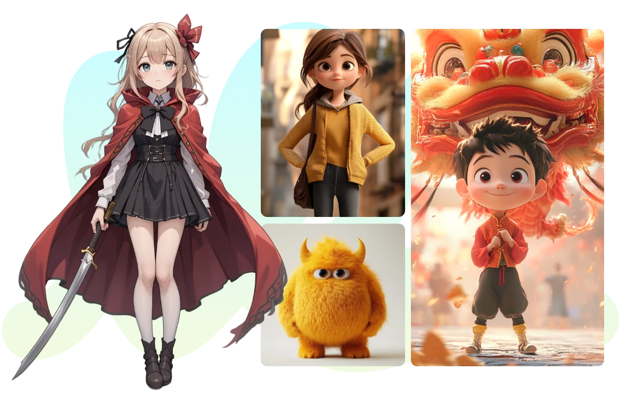 four different style cartoon images of characters made in aiease ai cartoon generator