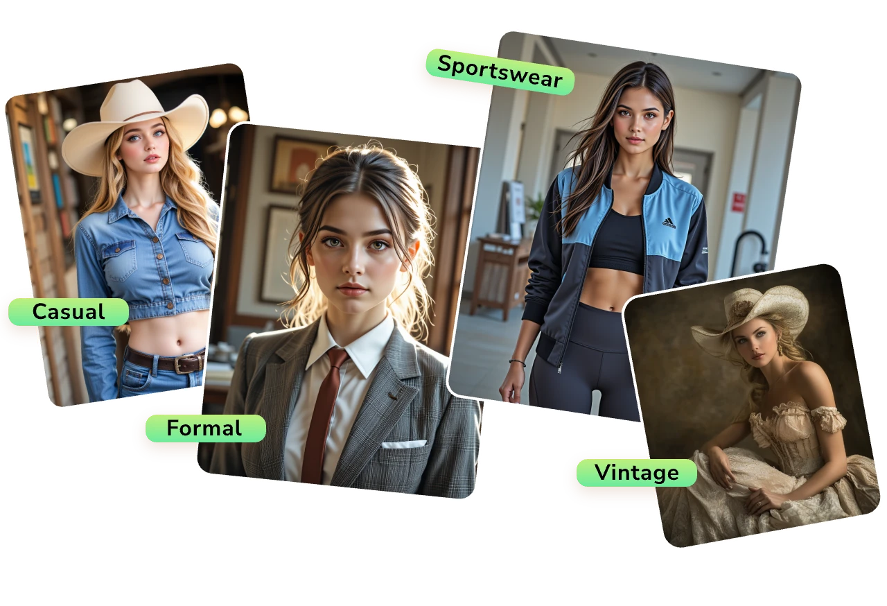 generate four clothing images with different styles including casual sportswear vintage and formal