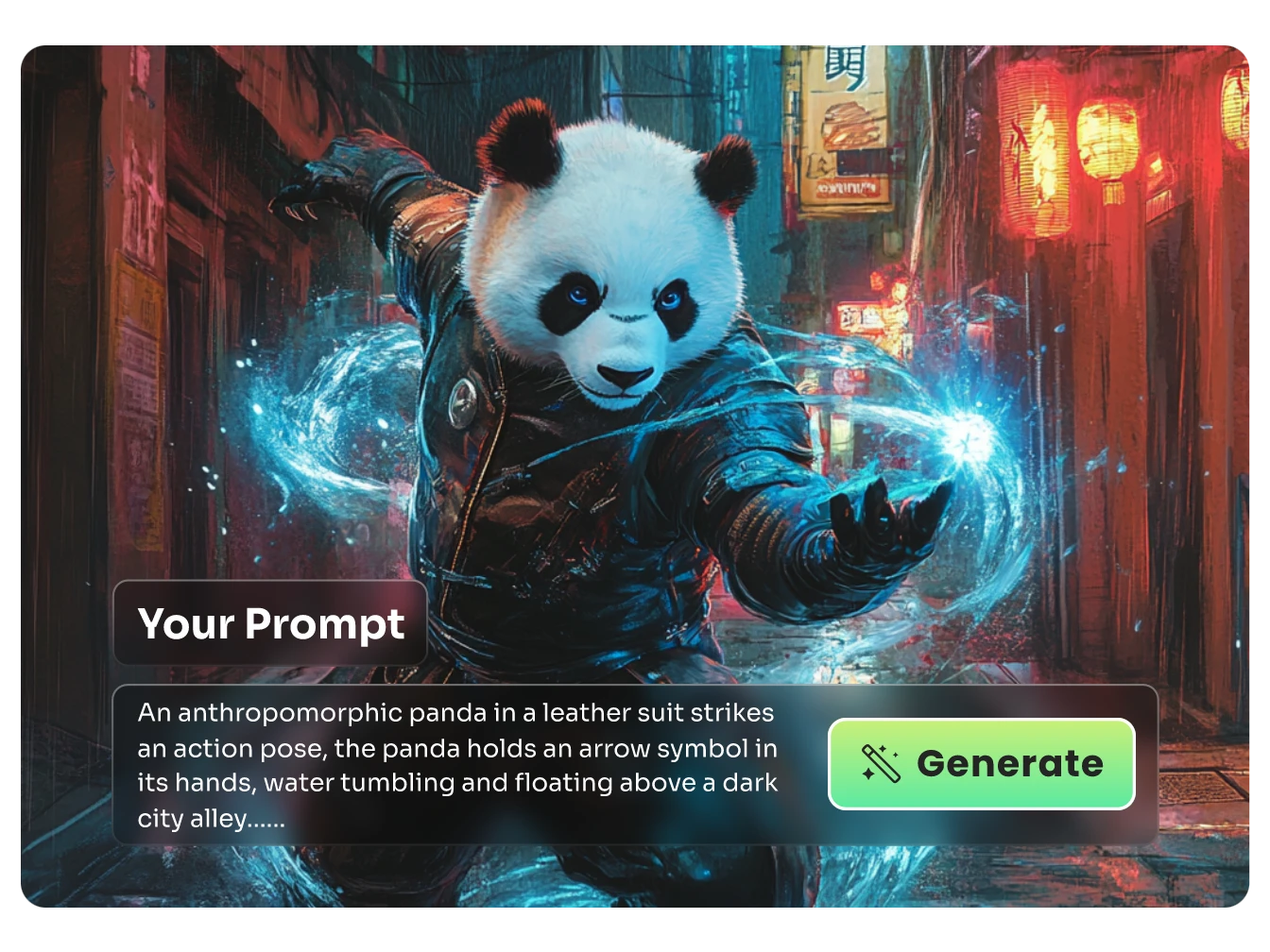 generate kongfu panda in cyberpunk style via text prompt using AI Ease's online AI image generator for free