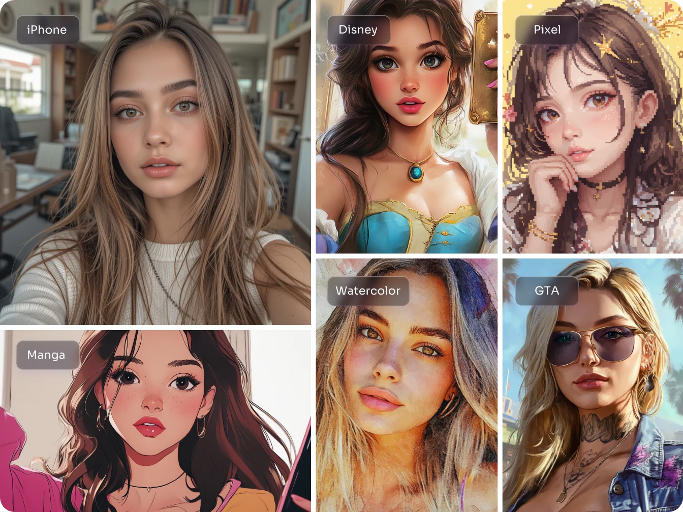 generate six girl selfies in different styles with ai ease