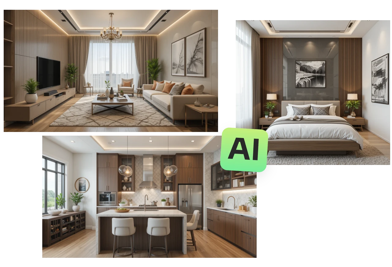 generate three interior design images of living room kitchen and bedroom in a same style with ai ease