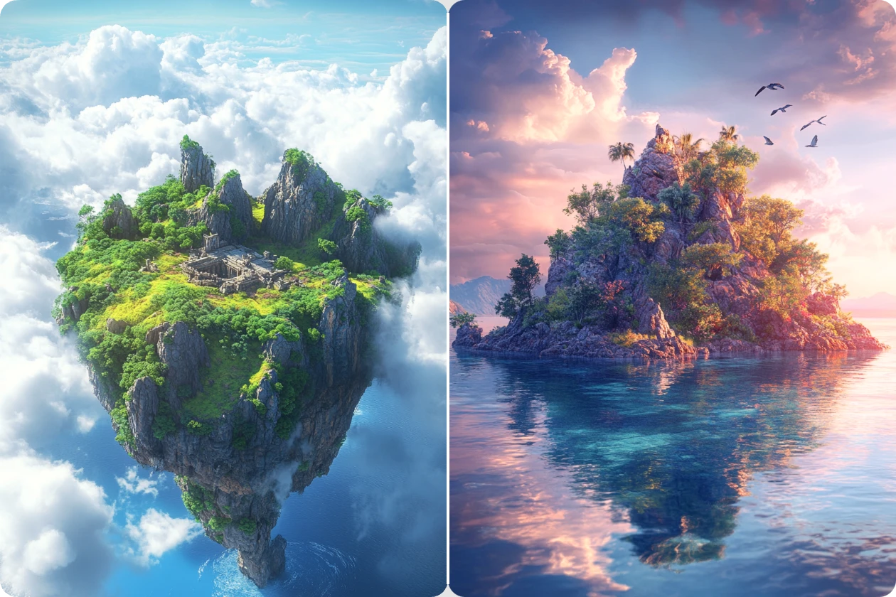 generate two fantasy landscape images for games and films