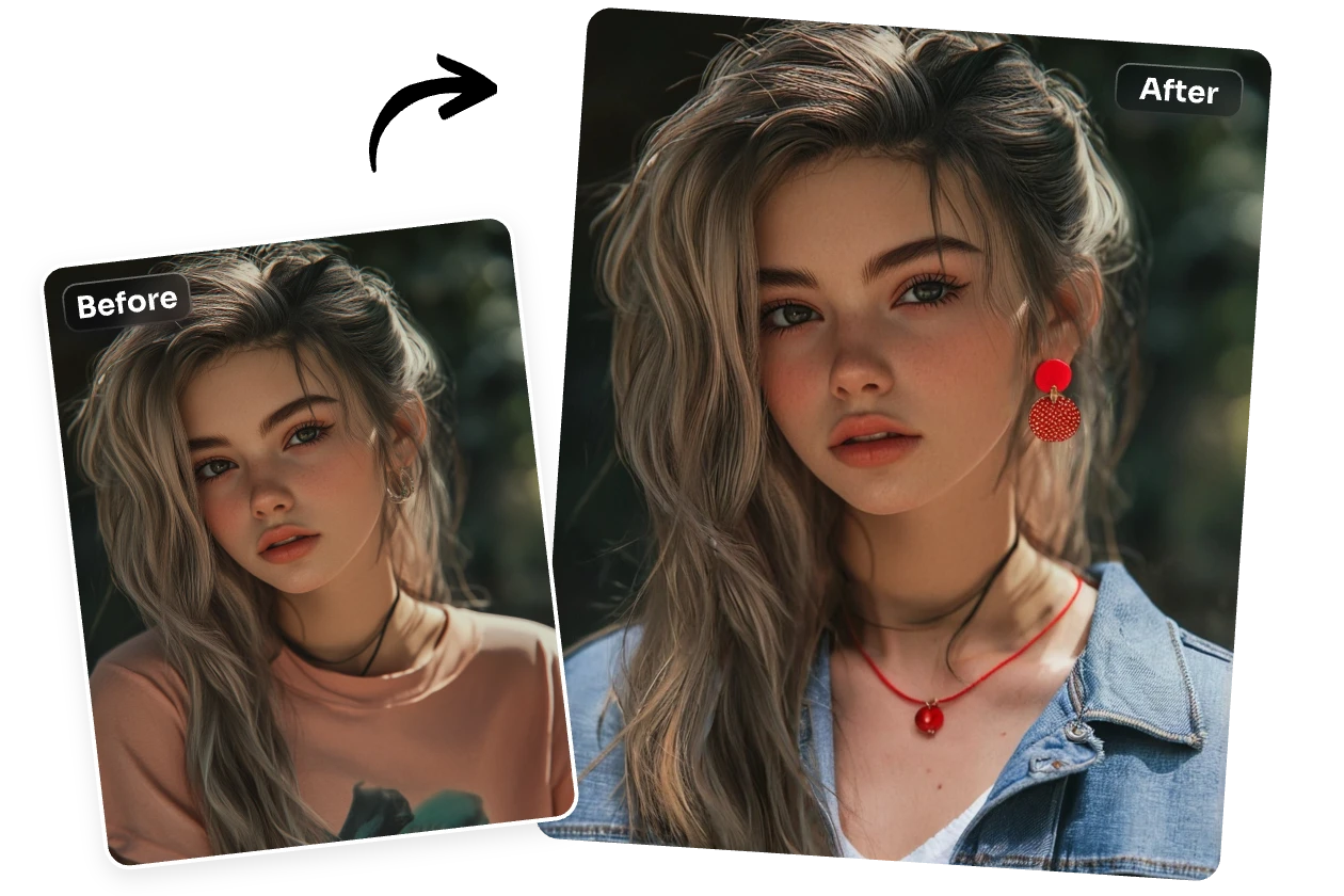 replace the clothes, earrings and necklace of the ai generated girl image