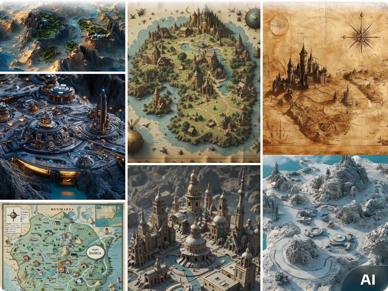 seven fantasy maps made by aiease fantasy map generator