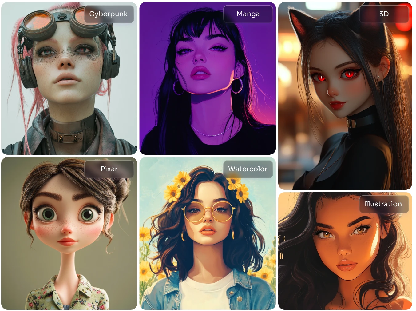 six ai faces of various styles made in aiease ai face generator