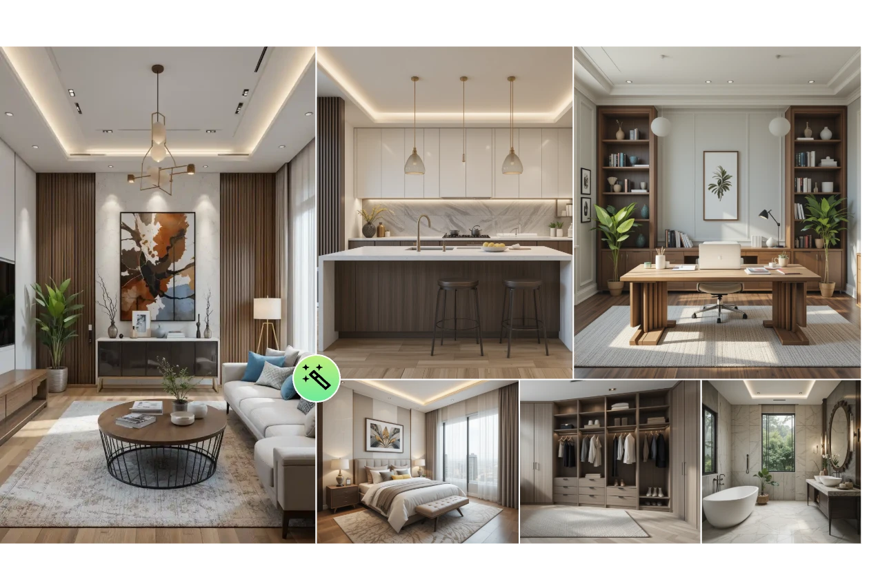 six ai generated interior designs in a uniform look