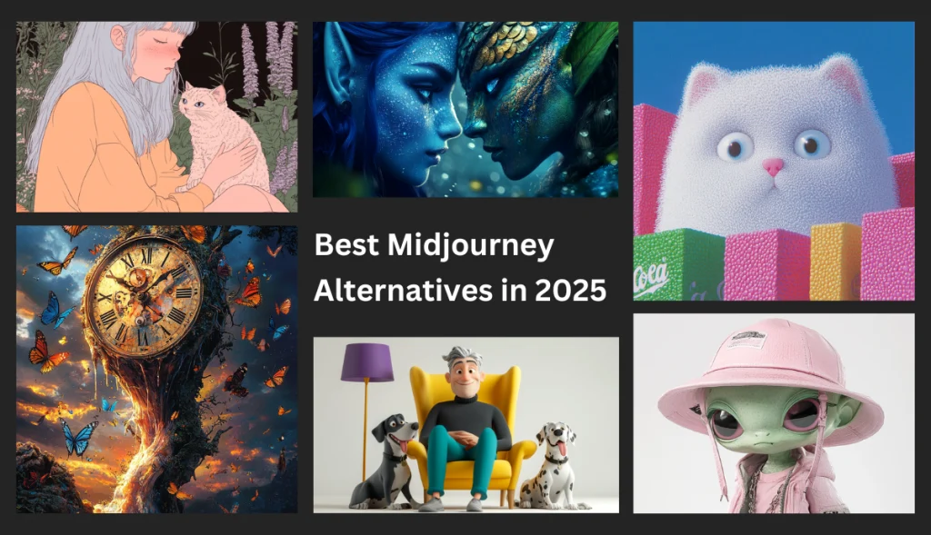 six fabulous ai images generated by midjourney with a title of best midjourney alternatives in 2025