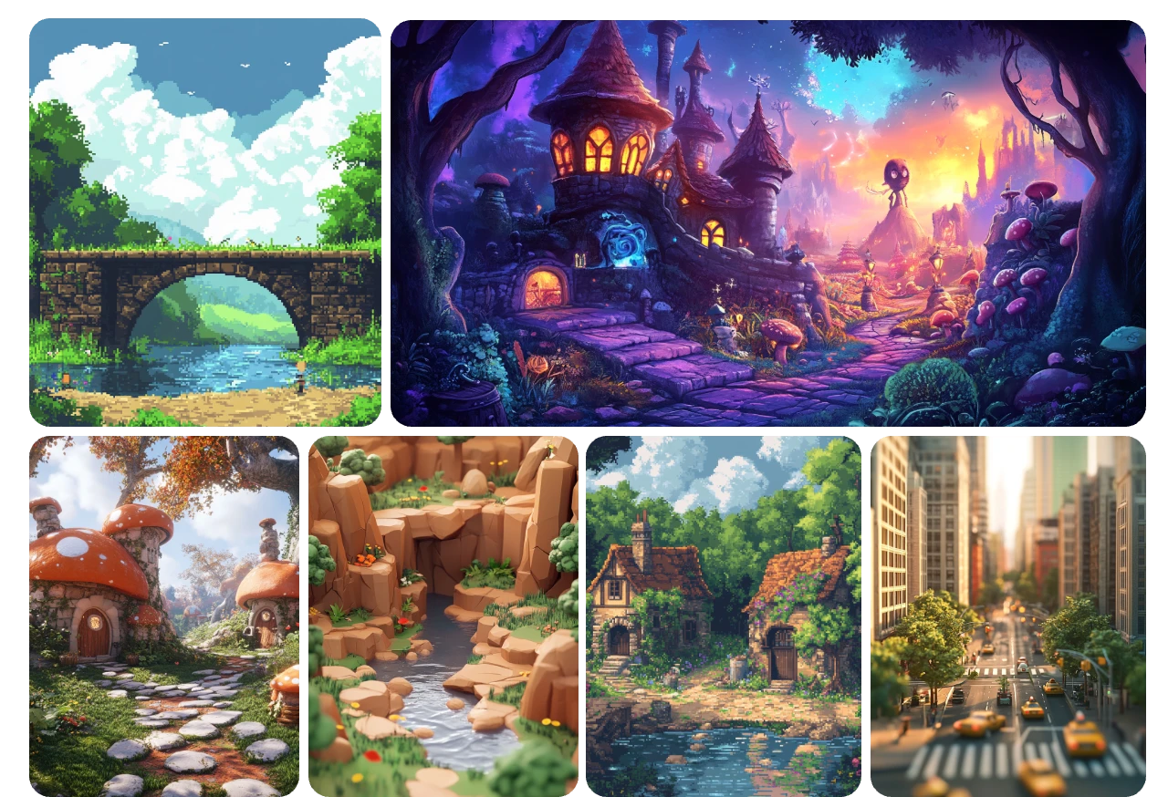 six game enviroment scenes made in aiease ai scene generator of fantasy pixel art and other styles