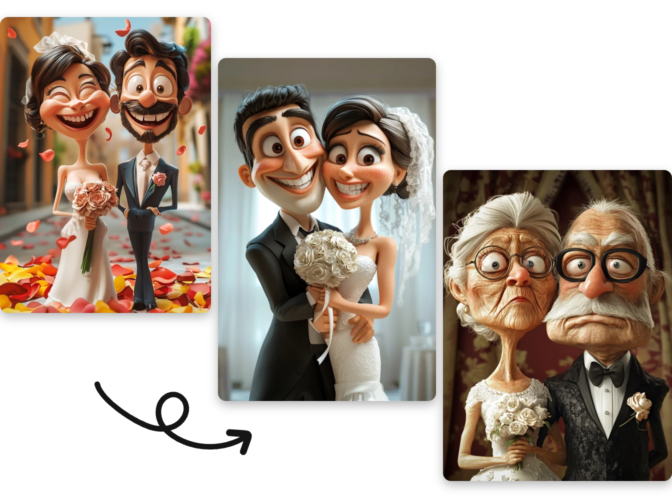 three wedding caricature images created in aiease caricature maker