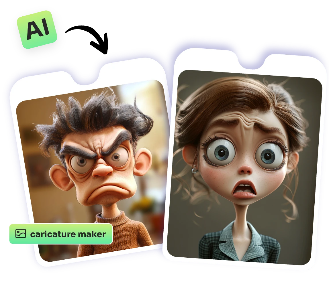 two caricature images made by aiease caricature maker with an ai and caricature maker icon