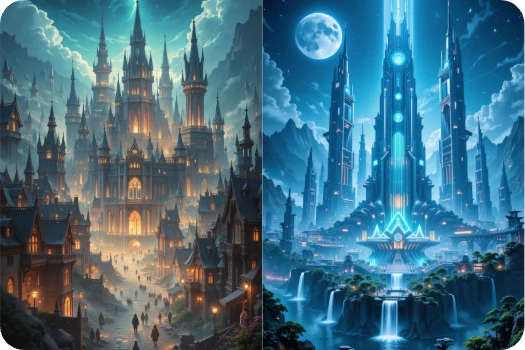 two images of fantasy cities generated by ai