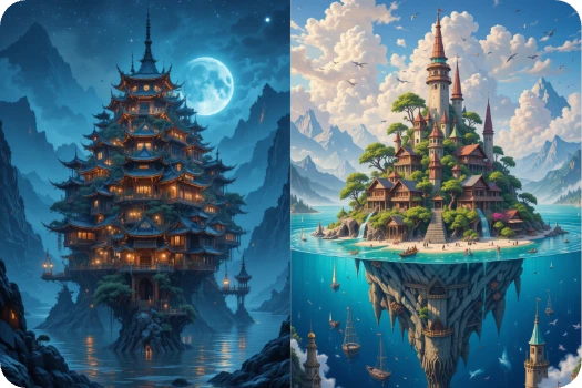 two images of fantasy islands generated by ai