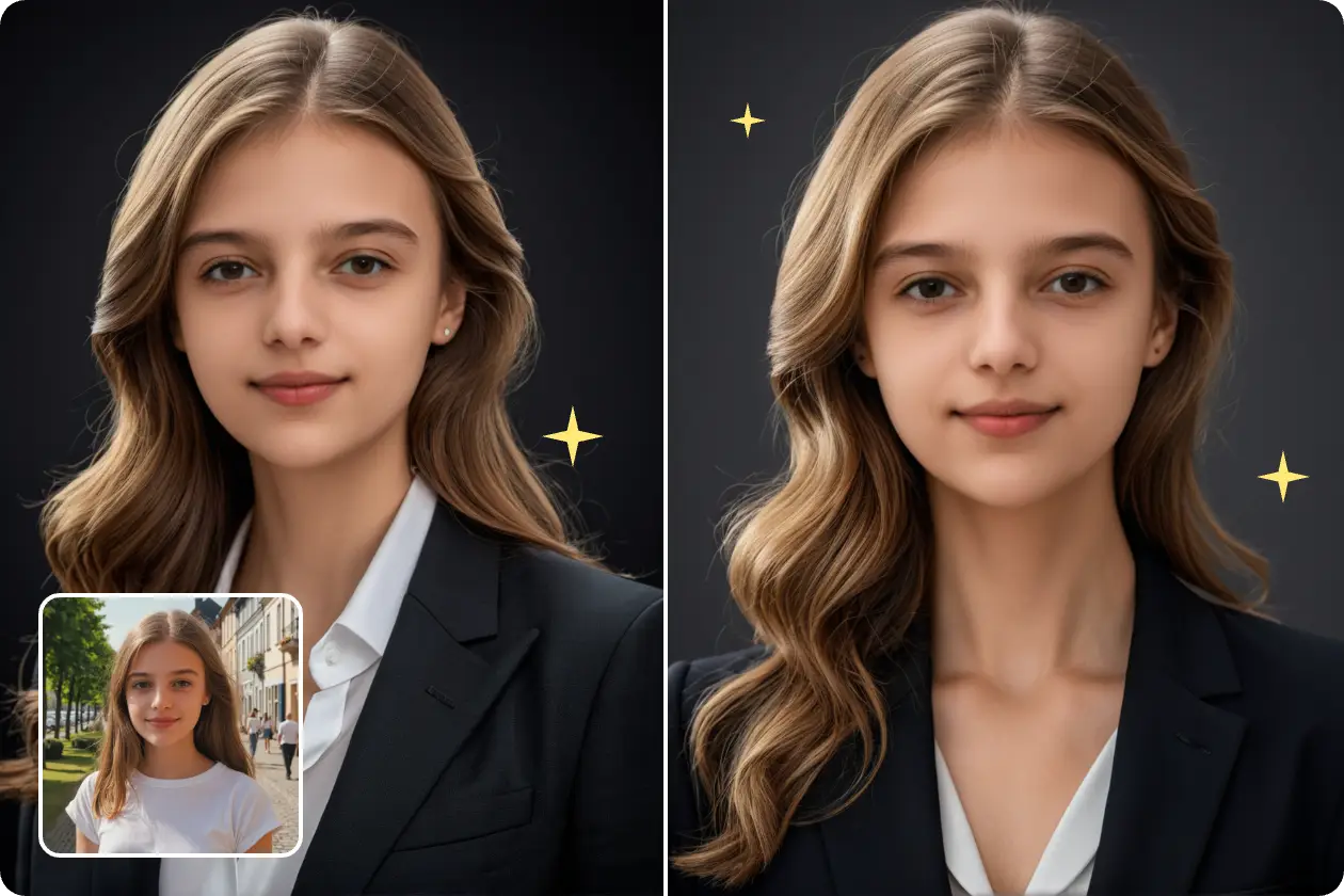 convert a female portrait into two professional linkedin headshot with AI Ease free ai headshot generator