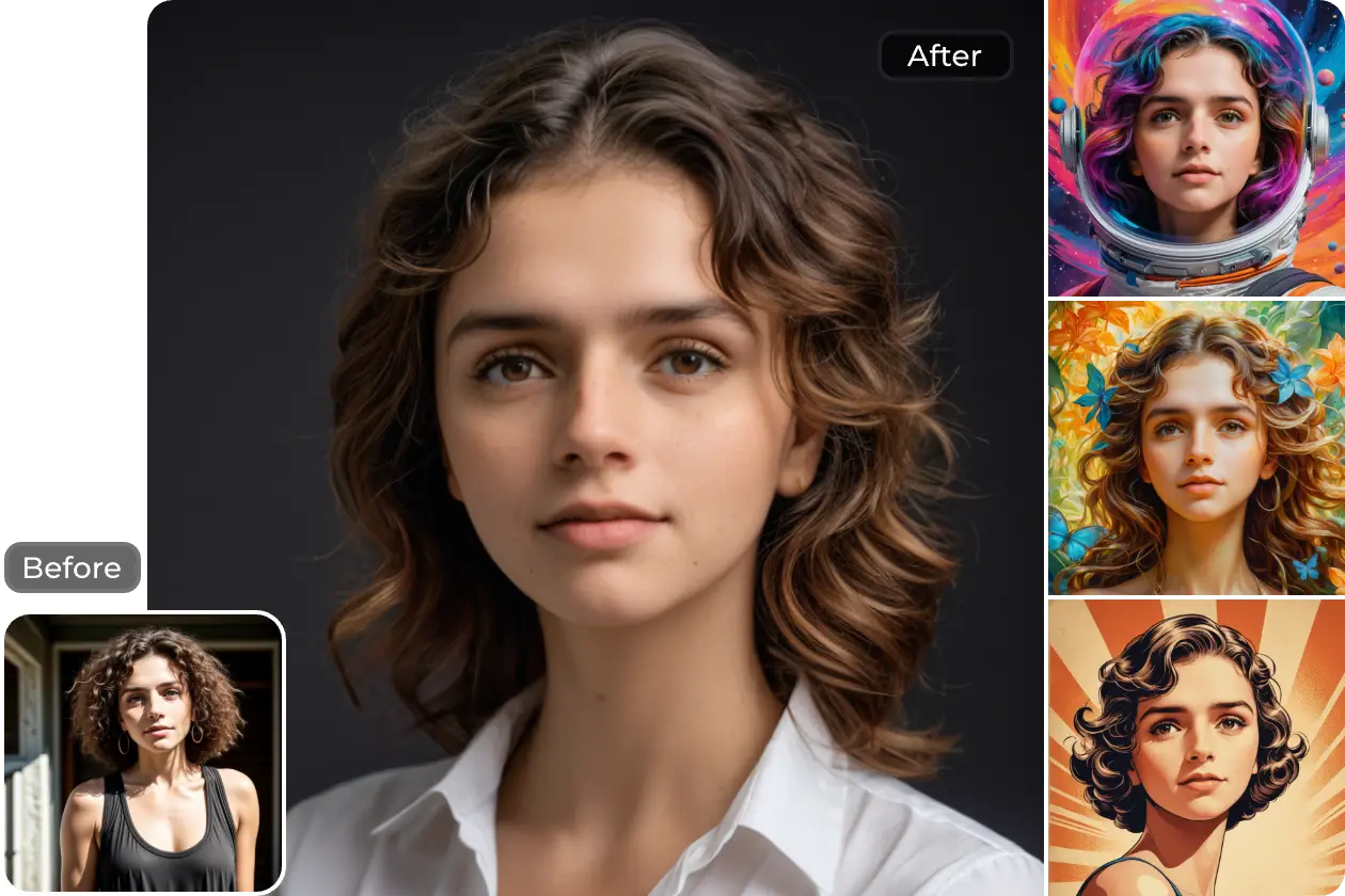 use free ai linkedin photo generator to turn a female selfie into four ai headshots in different styles