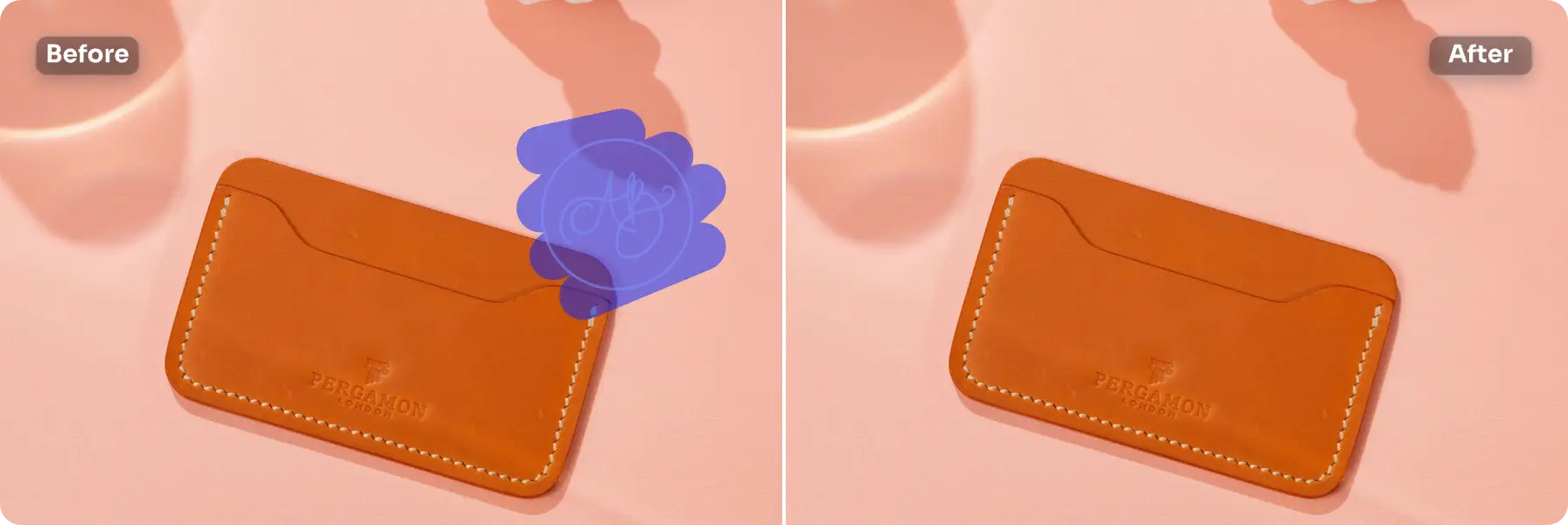 before and after effect of removing stamp from orange wallet image using AI Ease online free watermark remover