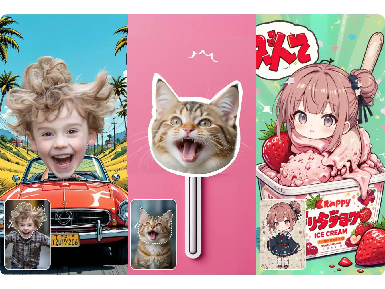 big face cutouts of a young boy a cat and n anime character with aiease face cutout tool