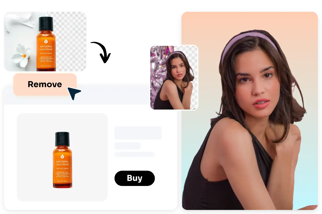 replace the product and female portrait background for free in AI Ease