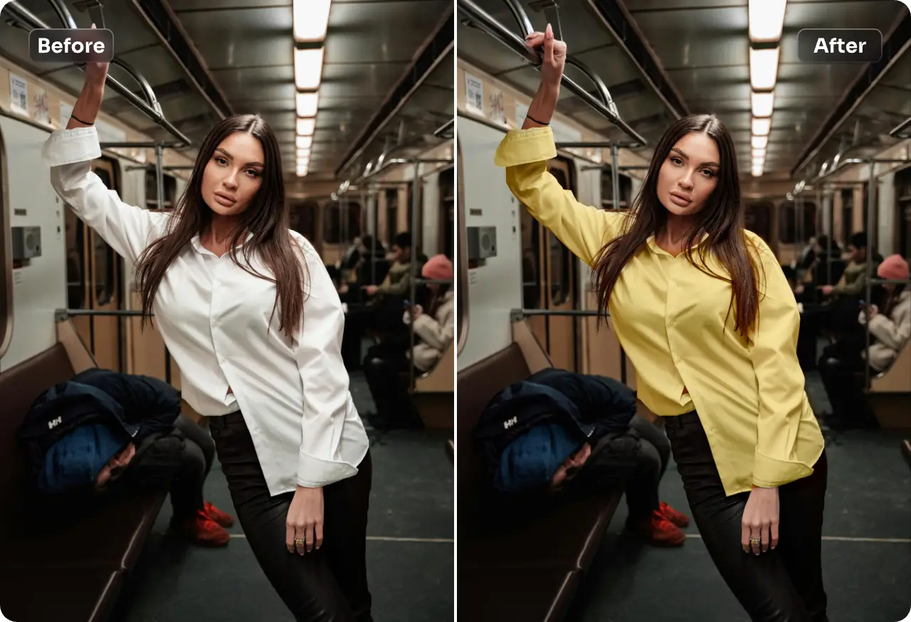 change the woman white shirt to yellow in the underground