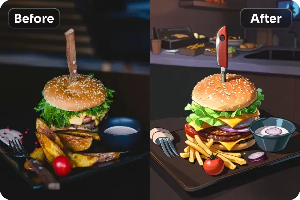 convert hamburgers and french fries to anime style with ai ease