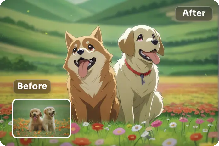 before and after effect of turning two dogs picture into cartoon in AI Ease