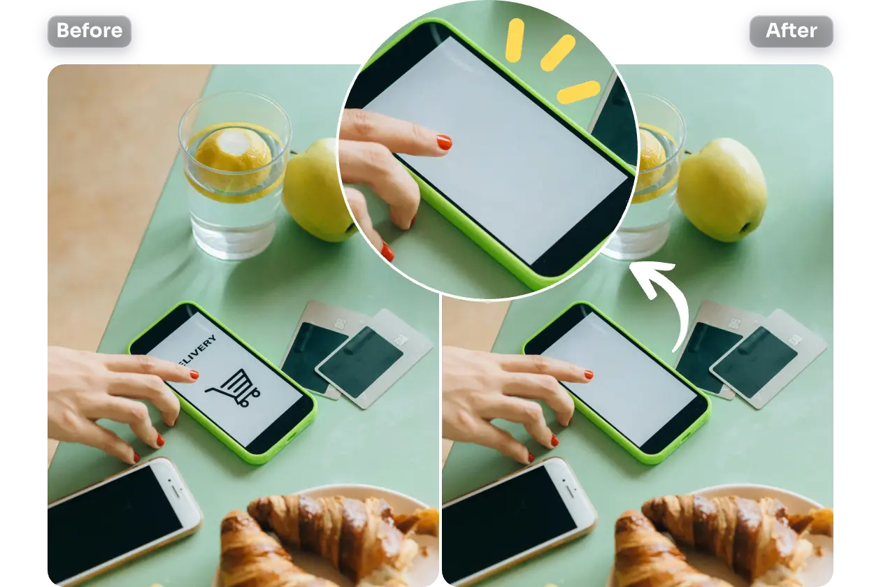 remove text from the phone mockup image using AI Ease free online text remover