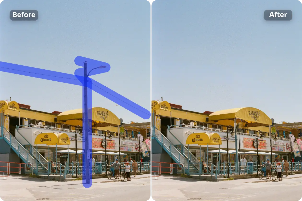 remove the power lines from the building image in AI Ease online object remover free