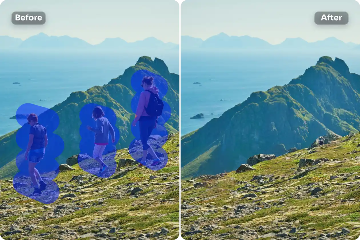 remove three people from the mountain landscape image using ai ease free object remover