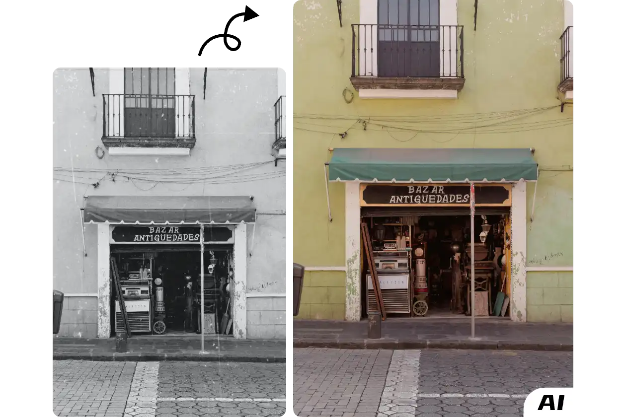 restore the old photo of a store using the AI photo restoration tool from AI Ease