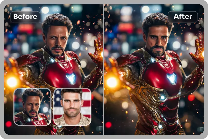 swap the iron man face with a male face in AI Ease online free ai face swapper