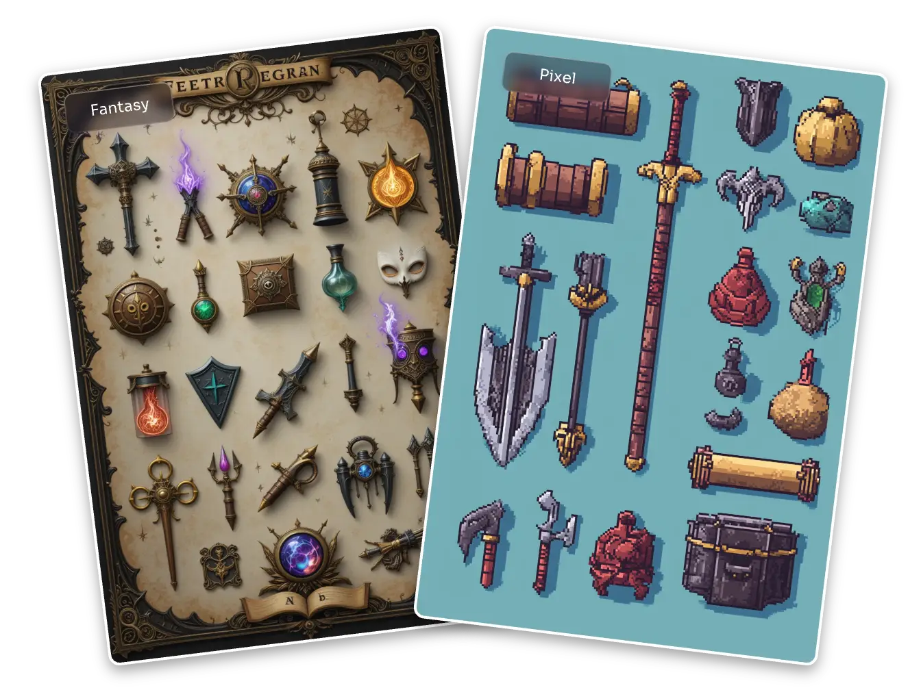 create an array of game assets for fantasy and adventure games