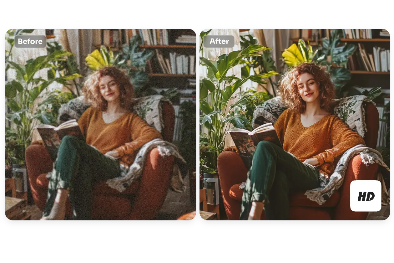 enhance a photo of a woman sitting on a chair beside of plants with aiease image resolution changer