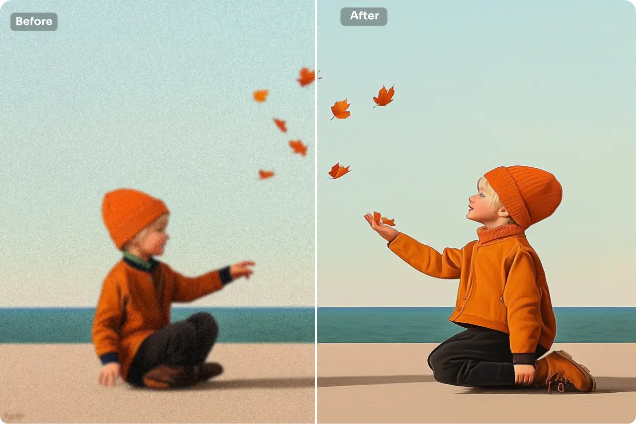 increase the image resolution of a little boy sitting on the beach with aiease image resolution changer