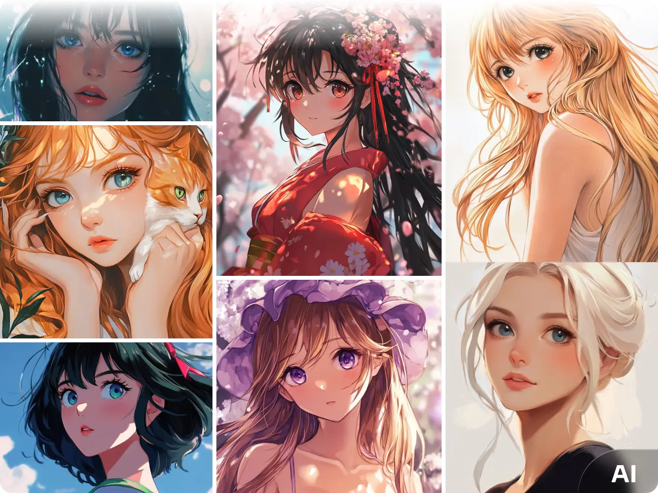 seven ai generated anime waifu characters from AI Ease's AI waifu generator