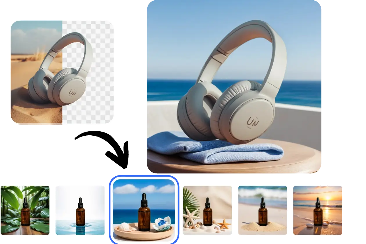 remove and use AI background generator to add new AI background to earphone image in AI Ease