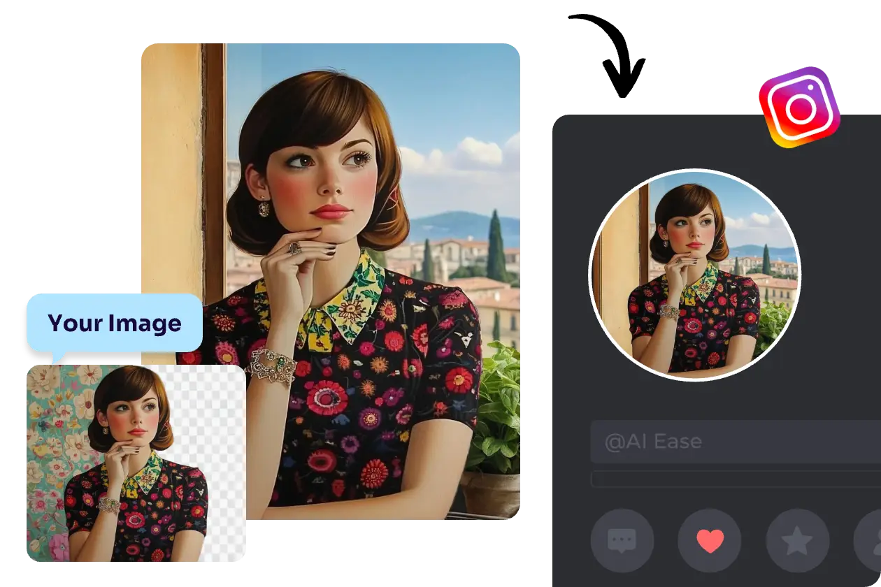 adicionar um fundo interior gerado por IA a um retrato de banda desenhada feminino e defini-lo como imagem de perfil