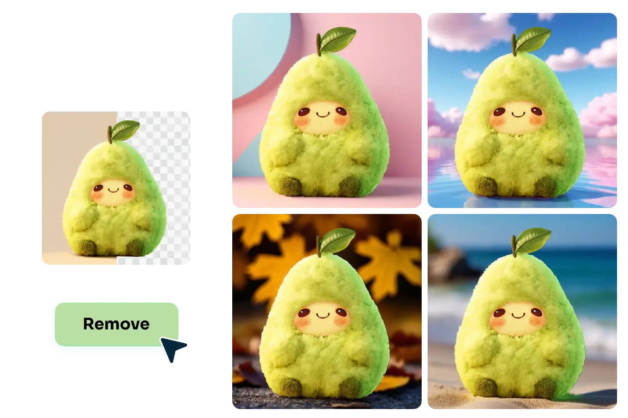 adicionar diferentes fotografias de fundo a uma imagem de produto de uma boneca de pera