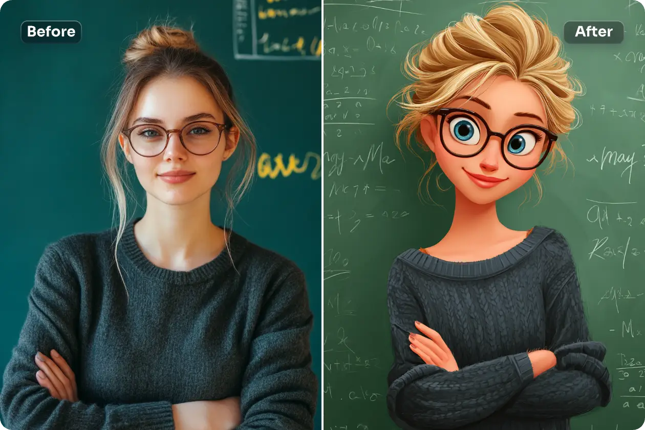 turn a female portrait with blackboard background into disney pixar character with ai ease image to image tool